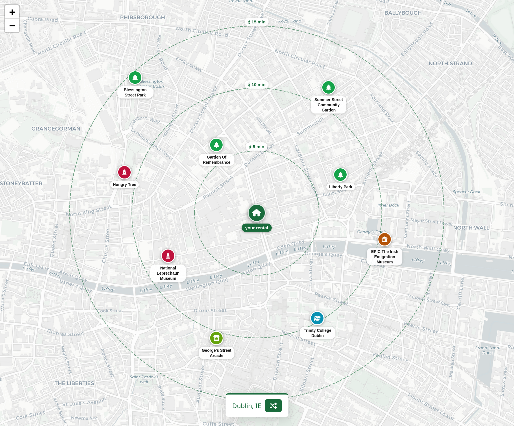 Le Quartier neighbourhood map showing walkable POIs around a rental listing